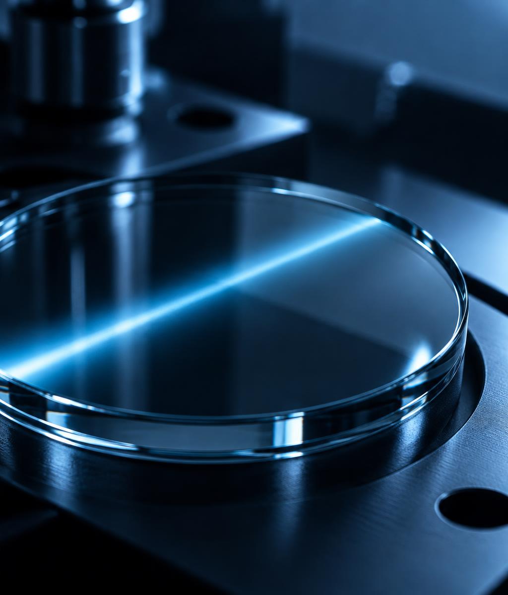 Blue precision light sweeping across a pristine glass surface